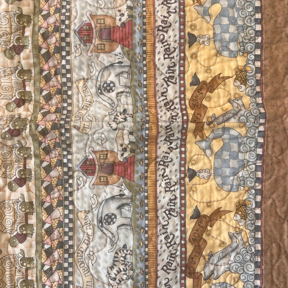 Noahs Ark Baby Quilt Blanket Animals Blue Brown Nursery Crib Bedding 25x38